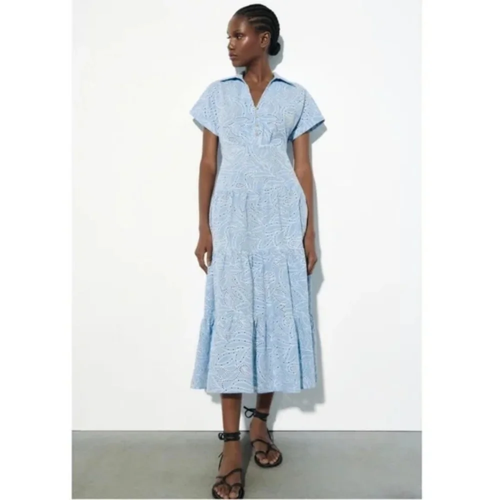 zara blue eyelet dress Zara - Short Embroidered Eyelet Dress - Brown-Blue - Xs